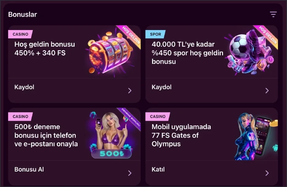 Bonus tab listing casino, sports and trial bonus cards side by side