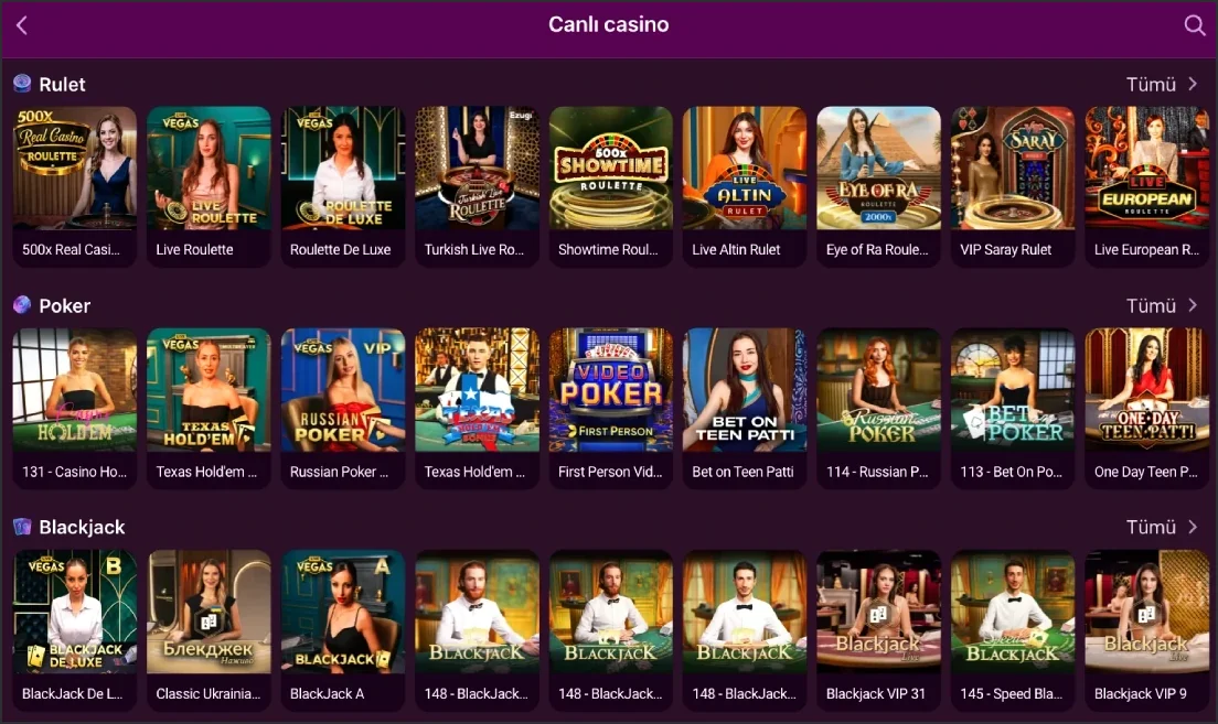 Screen listing live casino table thumbnails