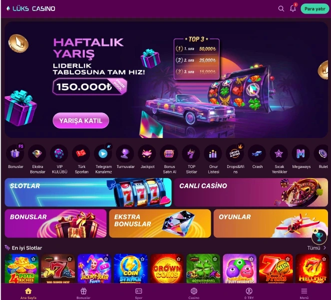Luksgazino entry screen with a featured race banner and quick access menu