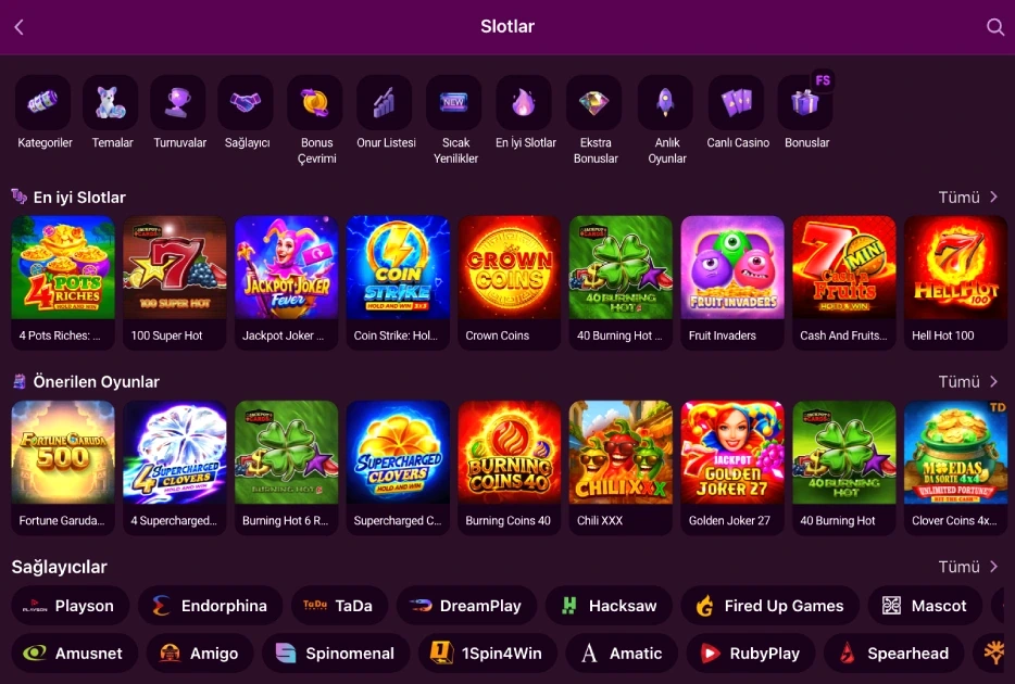 Slots section with provider badges and featured game cards